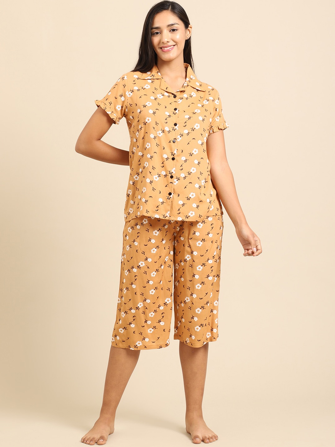 

Katn India Women Floral Printed Night Suit, Camel brown