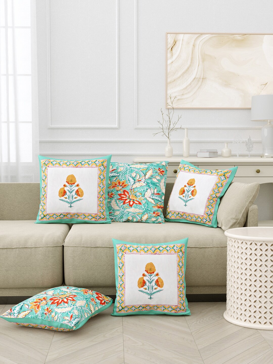 

BLOCKS OF INDIA Green & White 5 Pieces Floral Square Cushion Covers