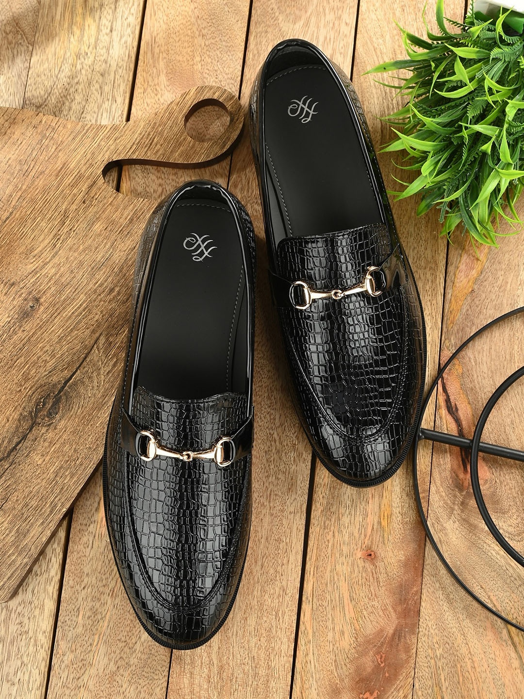 

House of Pataudi Men Textured Formal Slip On Loafers, Black