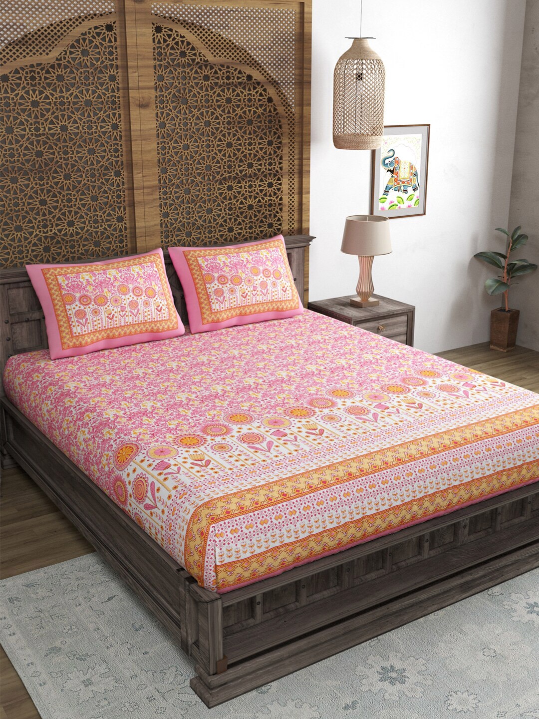 

BLOCKS OF INDIA Pink Floral 210 TC Fitted Pure Cotton King Bedsheet with 2 Pillow Covers