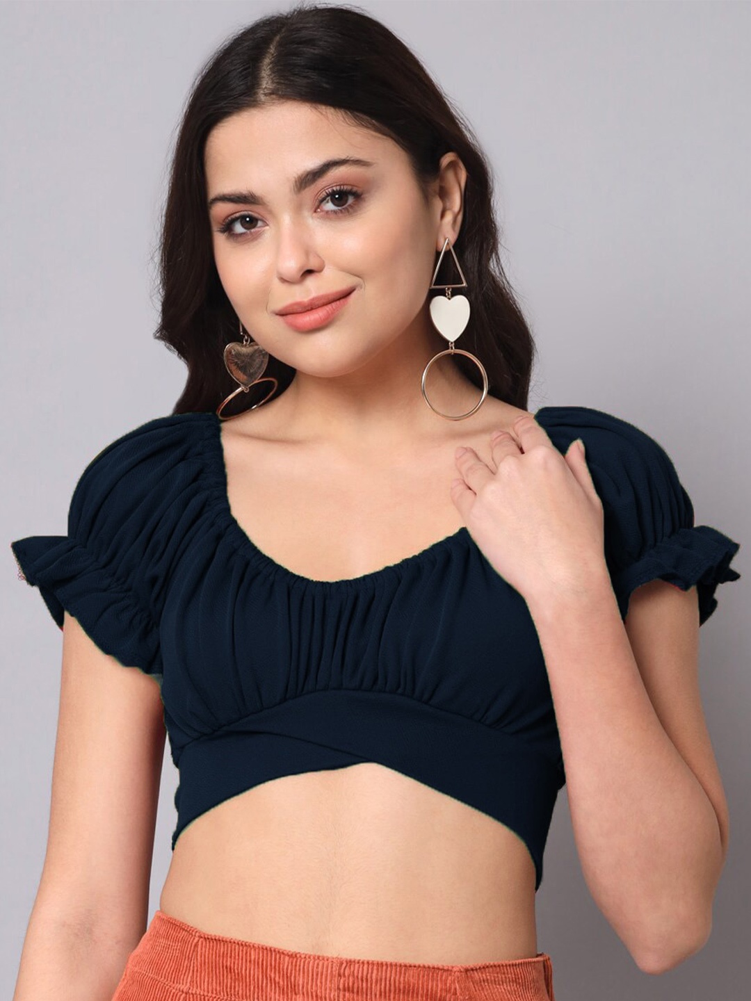

Womenster Fitted Ruffles Crop Top, Black