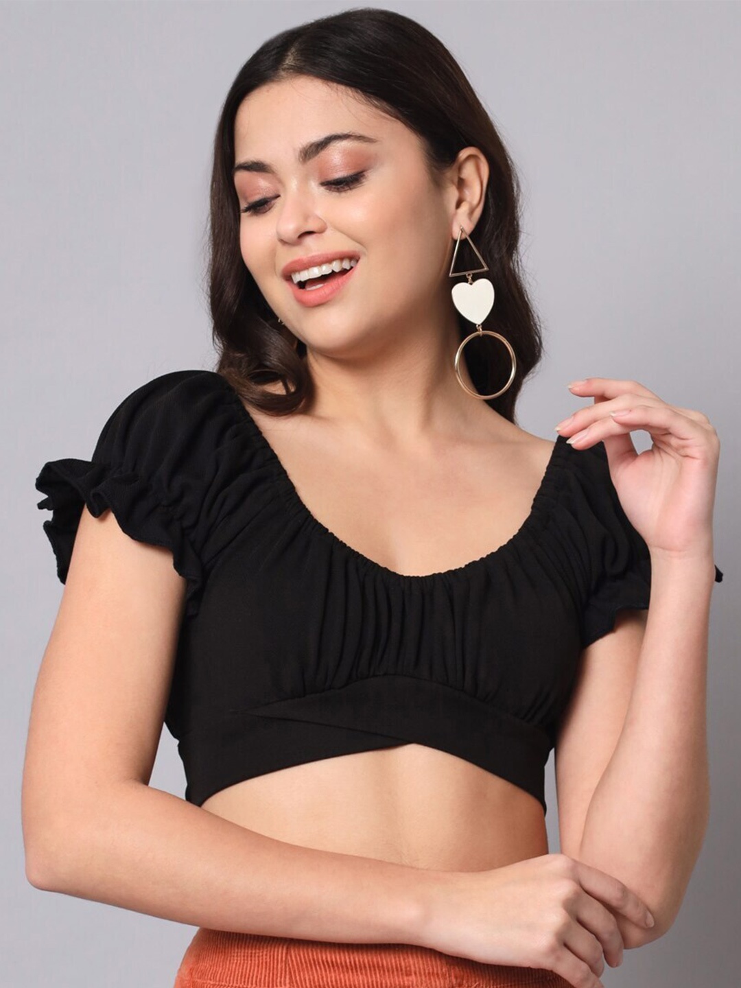 

Womenster Scoop Neck Crop Bardot Top, Black