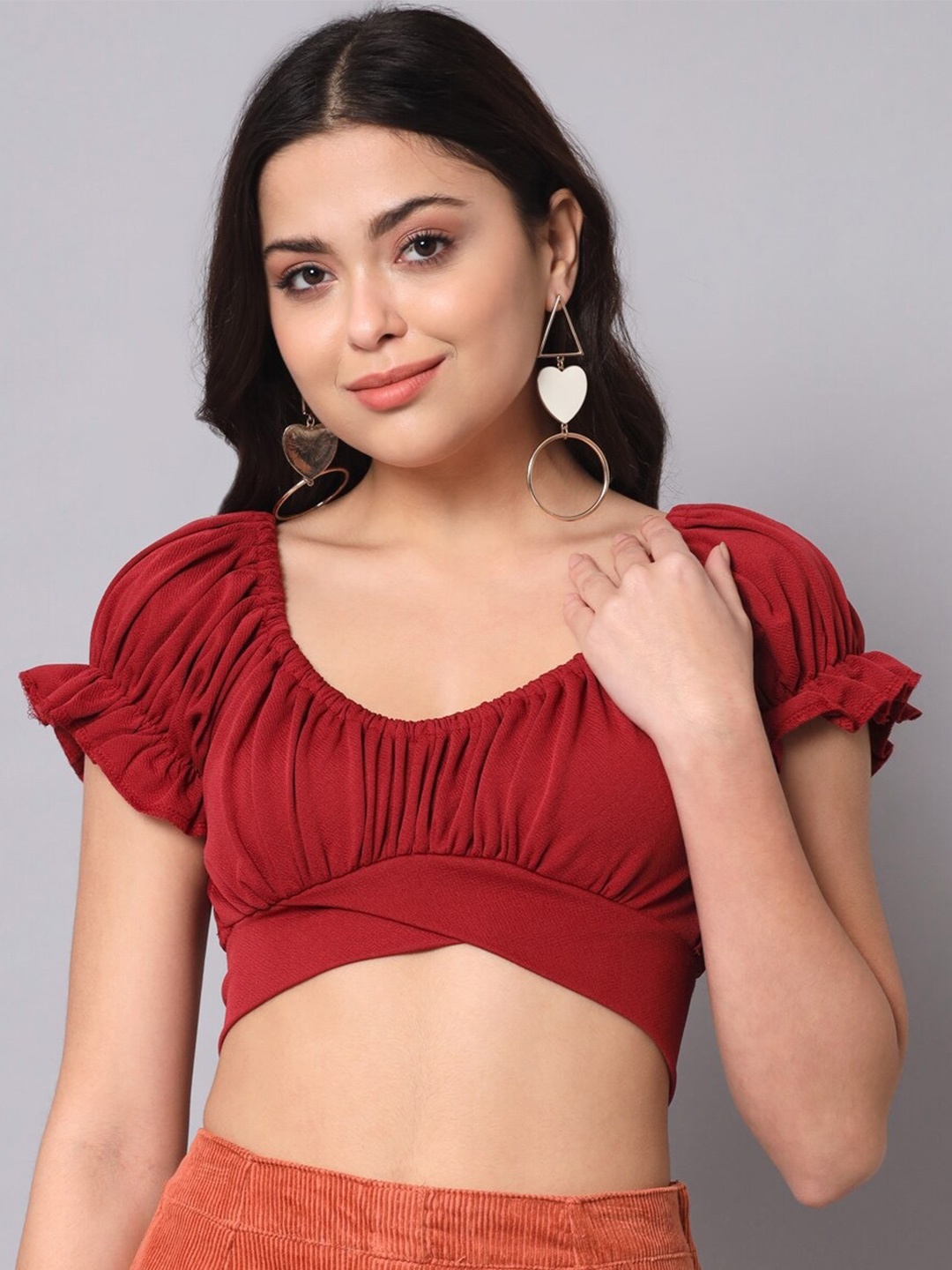 

Womenster Fitted Ruffles Crop Top, Maroon