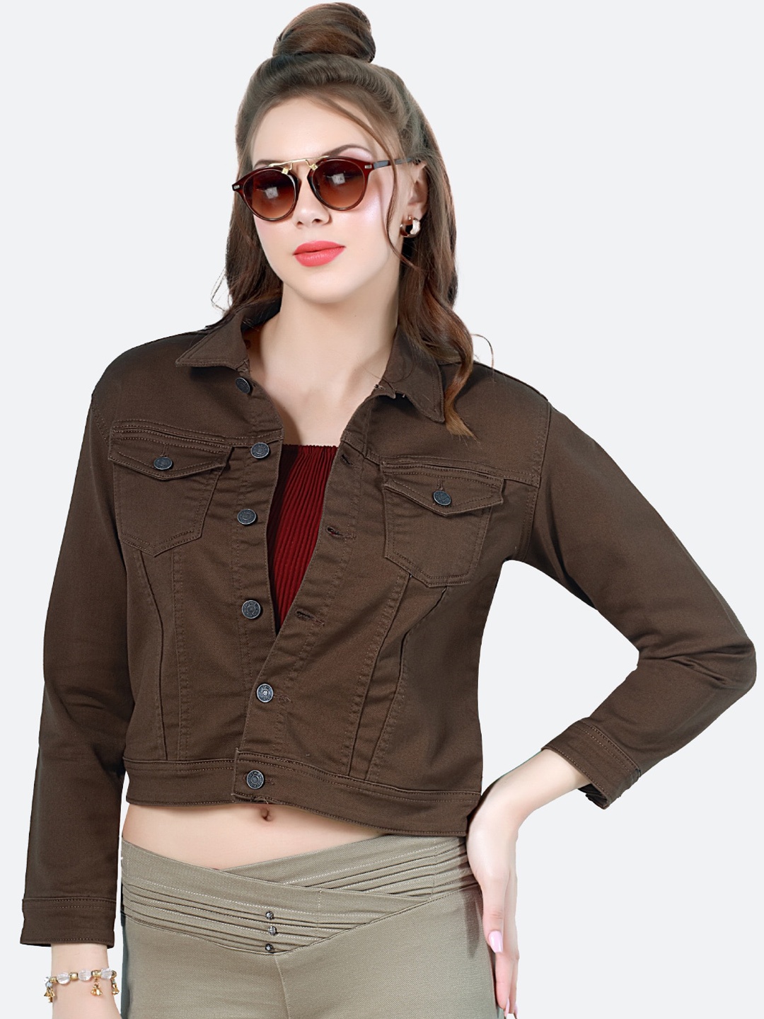 

FCK-3 Women Washed Lightweight Crop Denim Jacket, Brown
