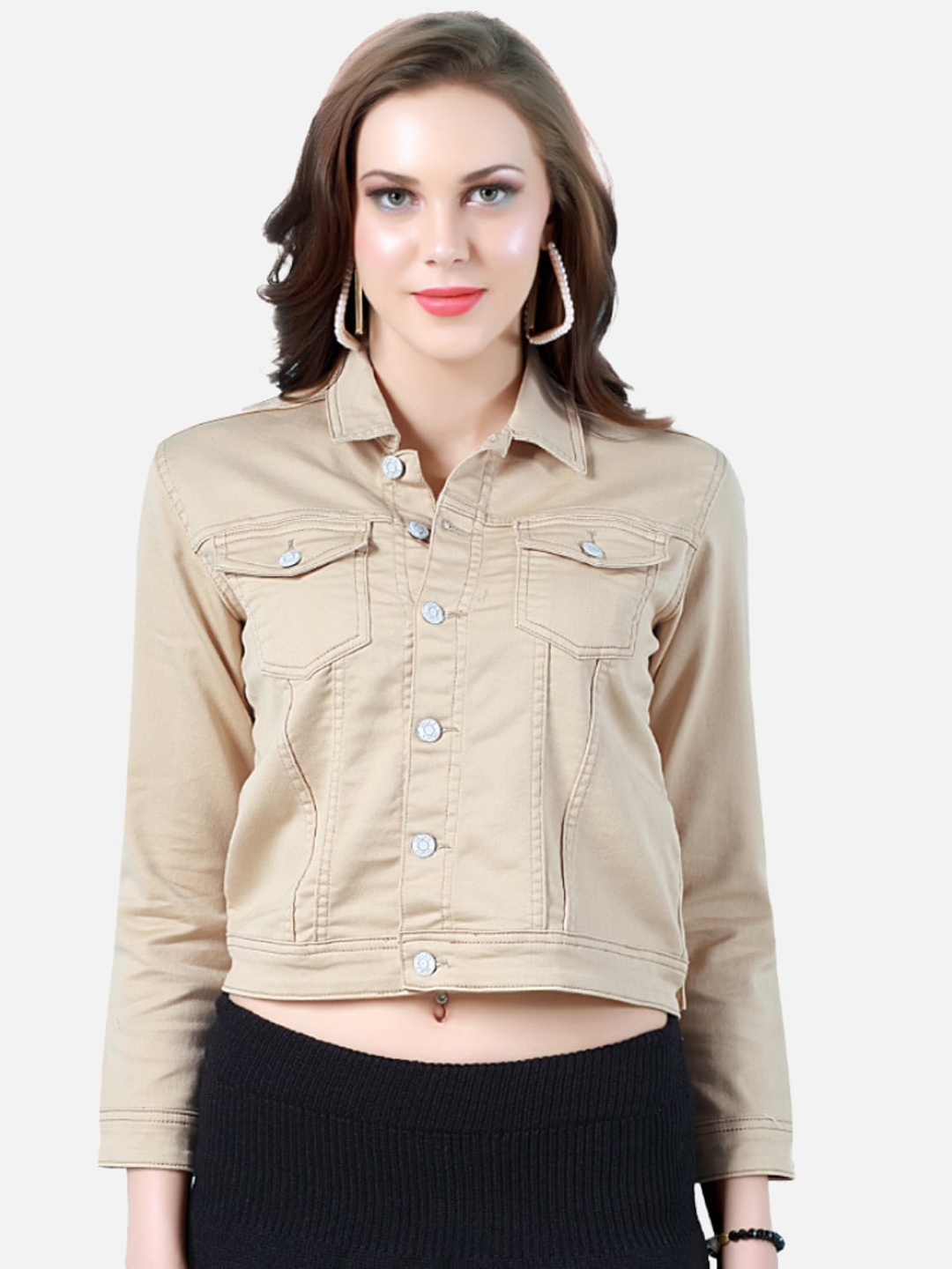 

FCK-3 Women Cotton Lightweight Crop Denim Jacket, Beige