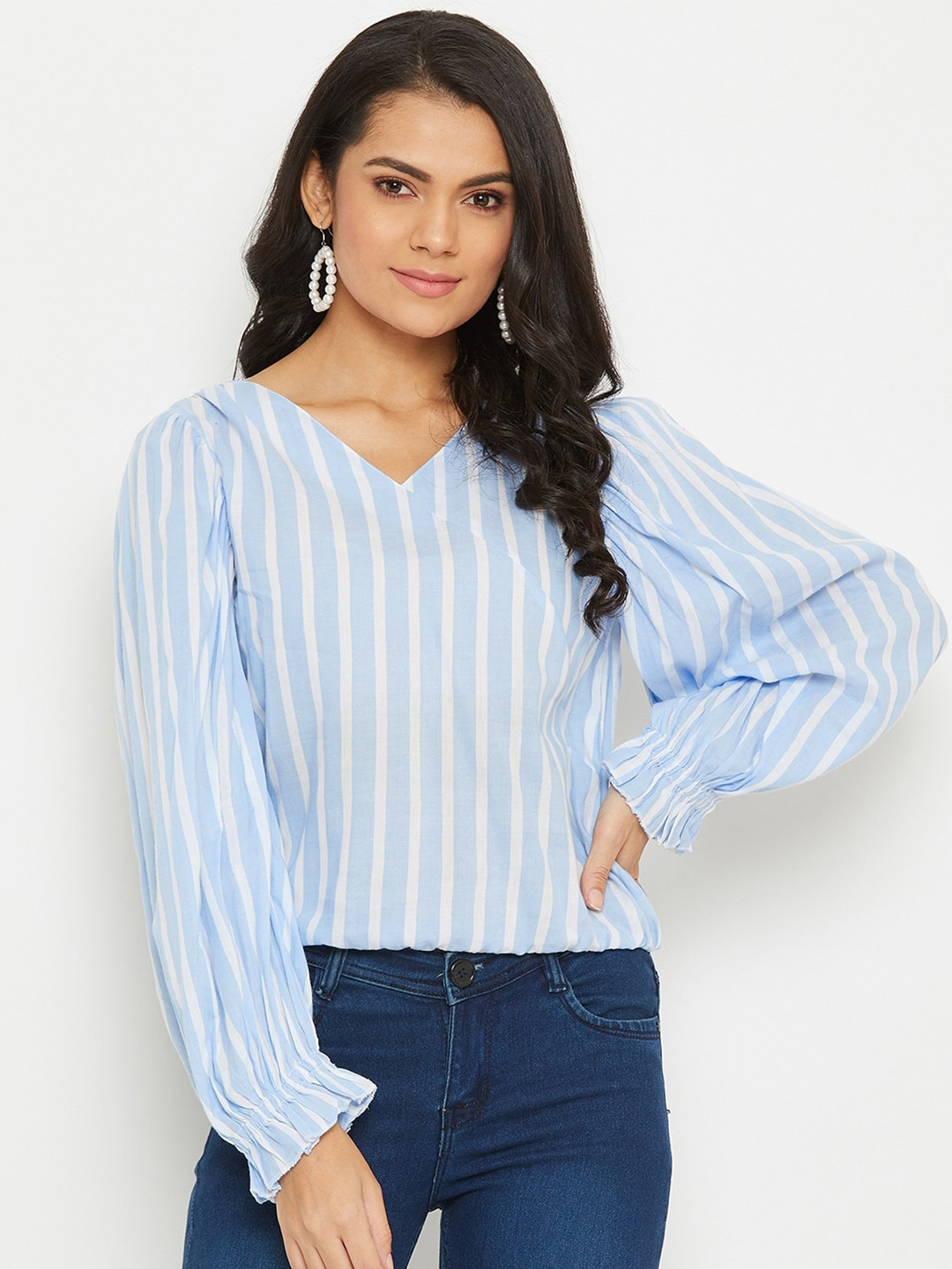 

PANIT Striped V-Neck Puff sleeves Top, Blue