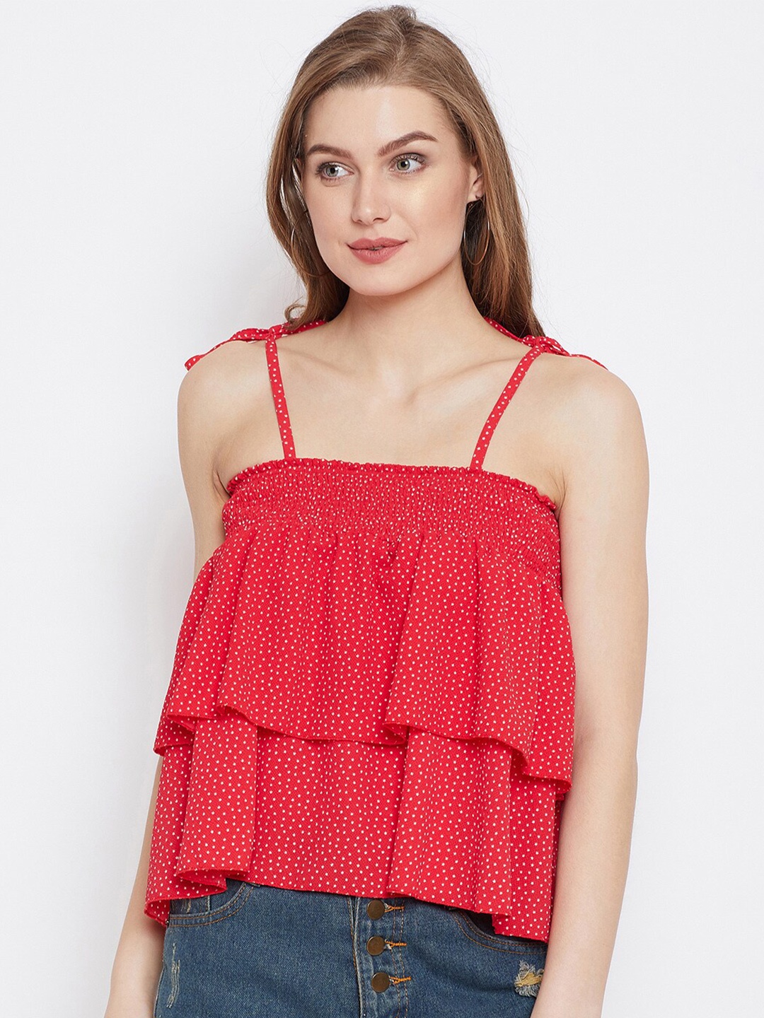 

PANIT Smocked Print Tiered Top, Red