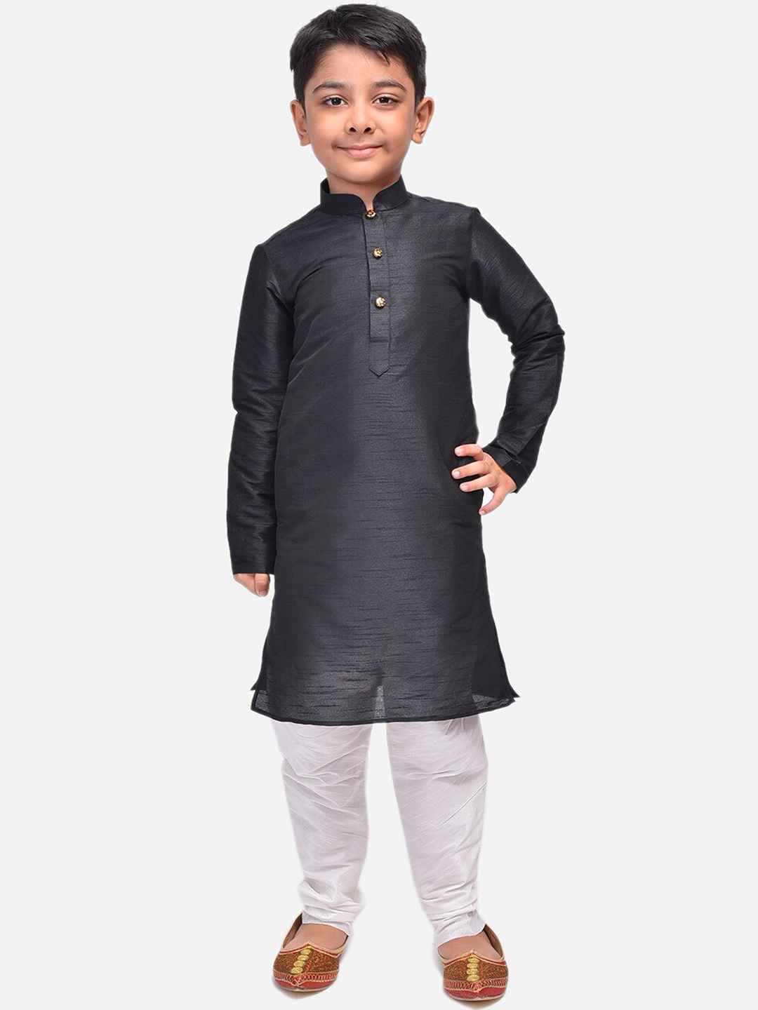 

NAMASKAR Boys Black Dupion Silk Mandarin Collar Kurta with Churidar