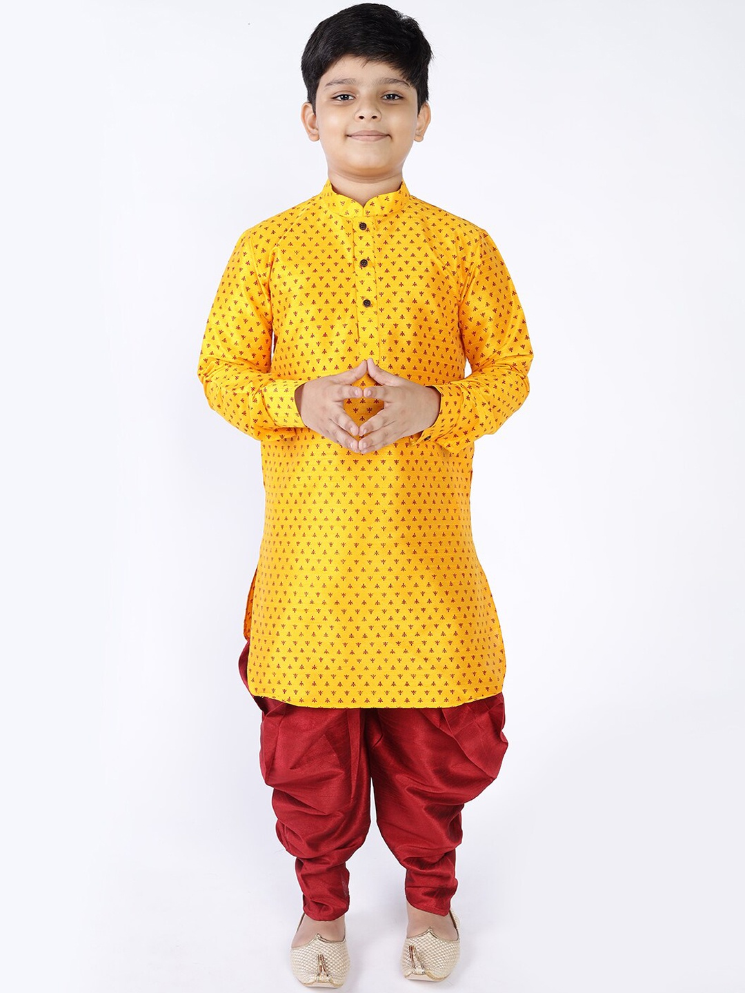 

NAMASKAR Boys Printed Dupion Silk Kurta with Dhoti Pants, Yellow