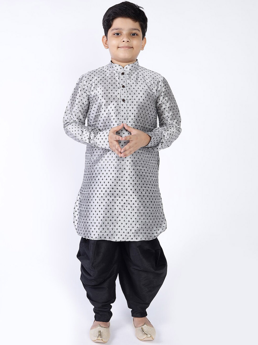 

NAMASKAR Boys Embroidered Dupion Silk Kurta with Churidar, Silver