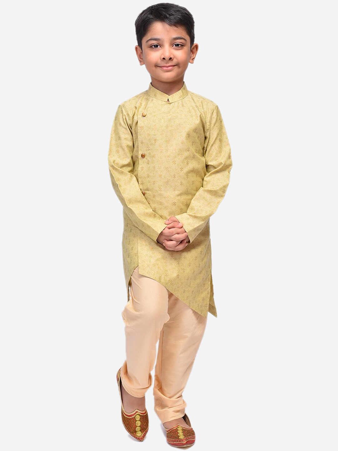 

NAMASKAR Boys Mandarin Collar Asymmetric Printed Kurta with Churidar, Mustard