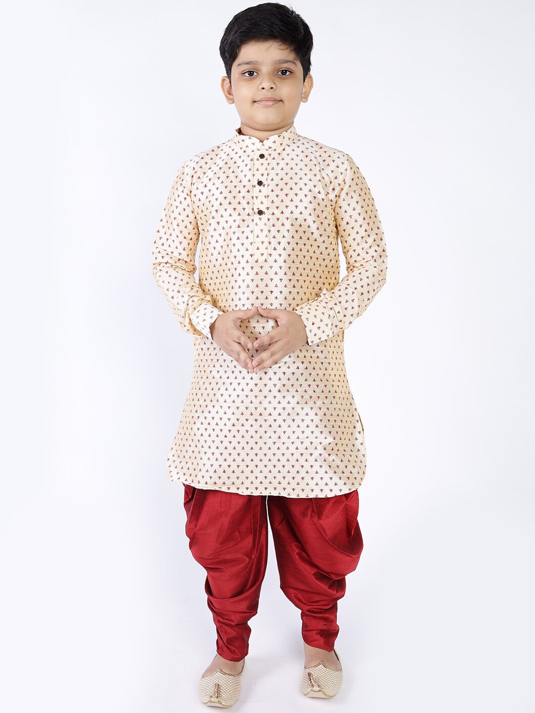 

NAMASKAR Boys Ethnic Motifs Printed Kurta with Dhoti Pants, Cream