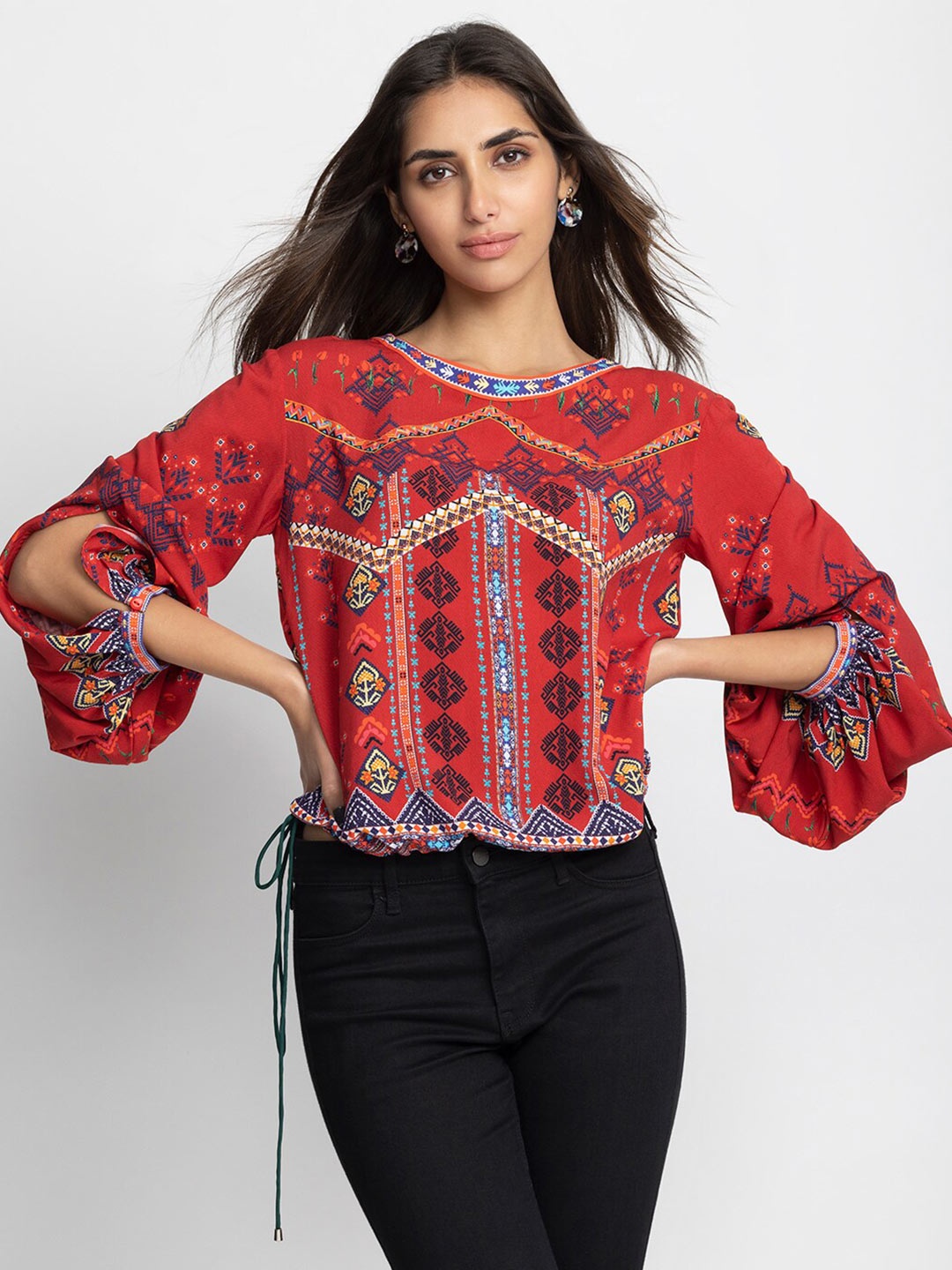 

SHAYE Printed Cuff Sleeve Regular Top, Maroon