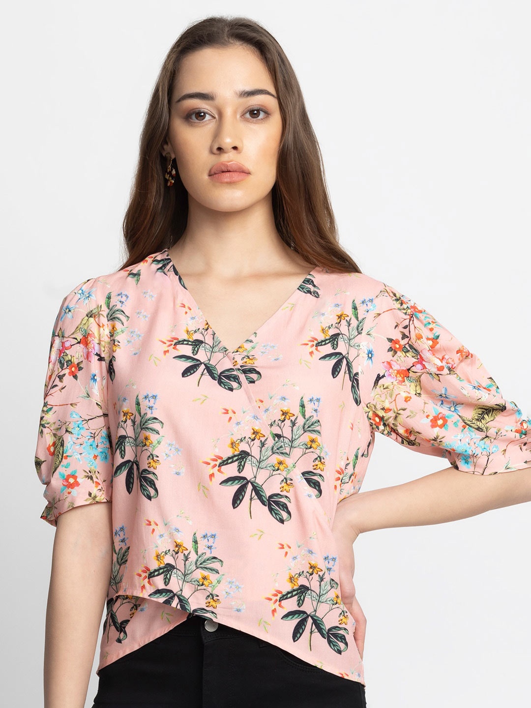 

SHAYE Floral Print Wrap Top, Peach