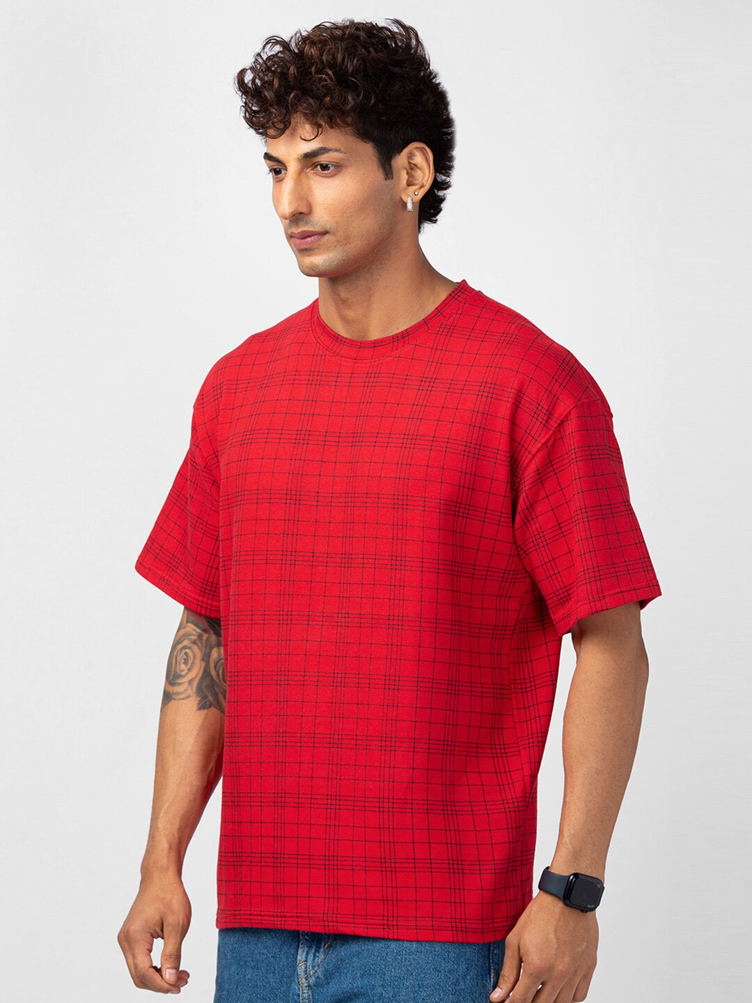 

VASTRADO Men Checked Loose Fit Cotton T-shirt, Red