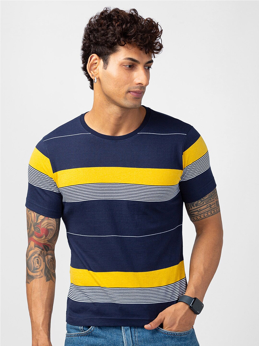 

VASTRADO Men Striped Cotton T-shirt, Blue
