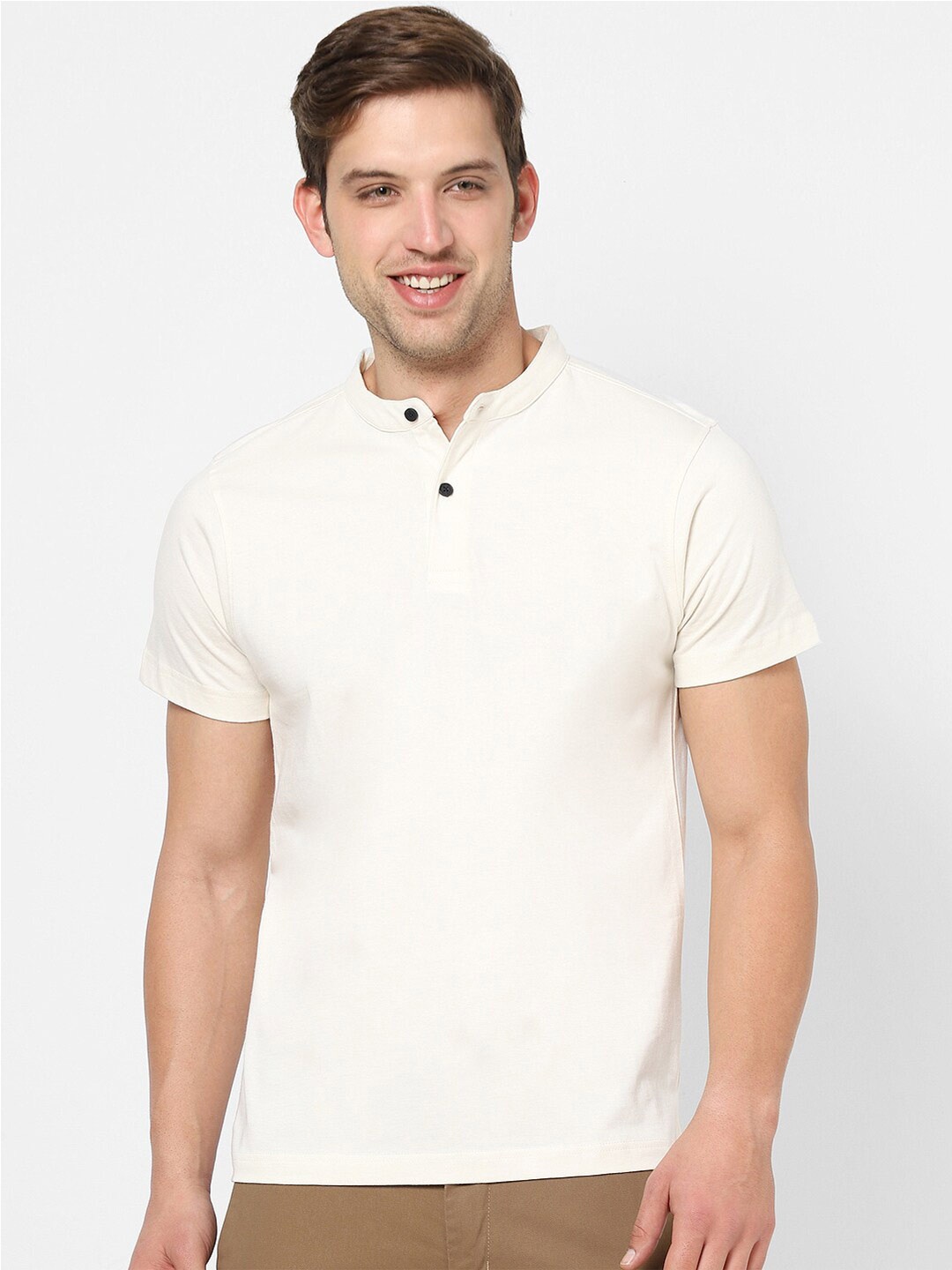 

VASTRADO Men Henley Neck Cotton T-shirt, Off white