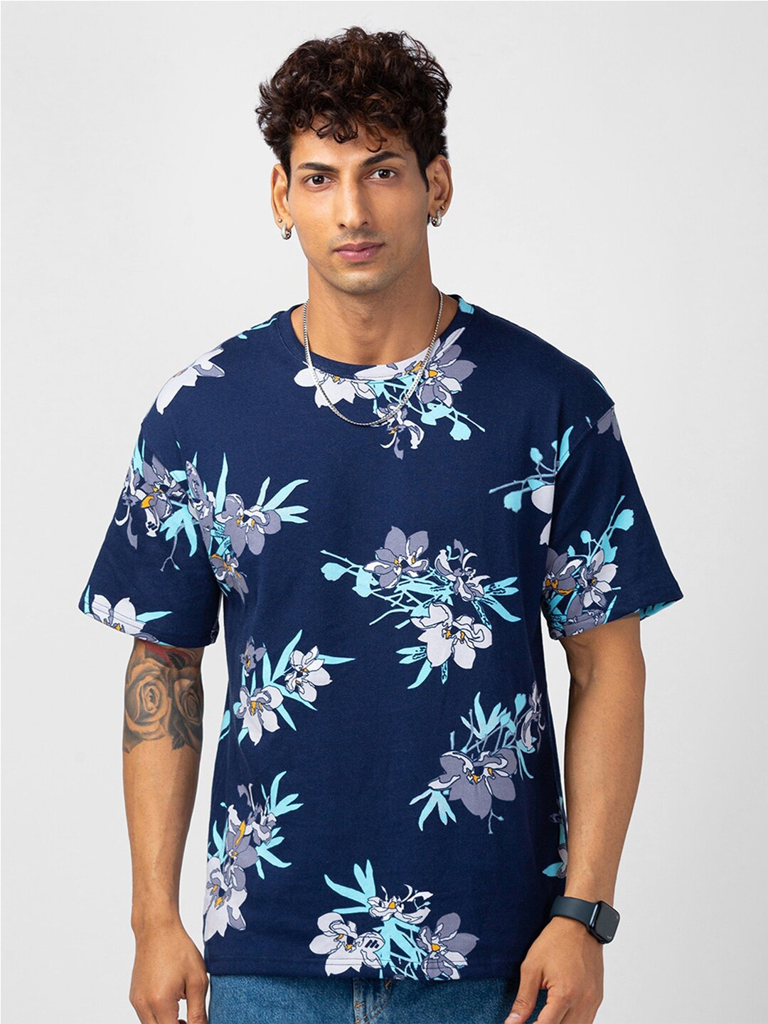 

VASTRADO Men Floral Printed Loose Cotton T-shirt, Navy blue