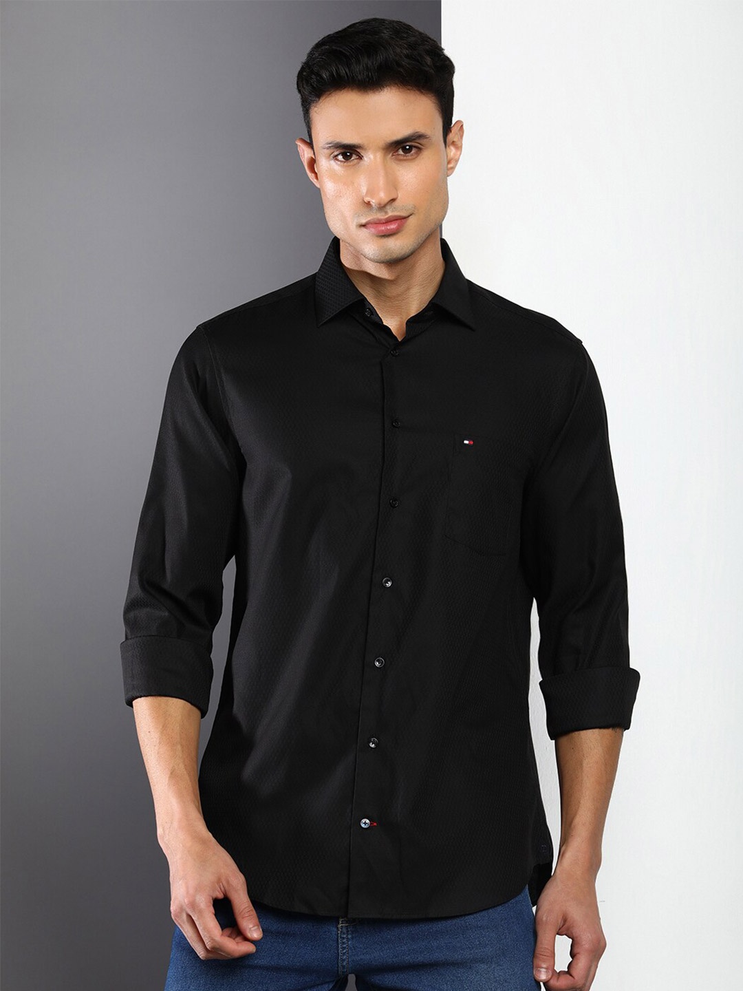 

Tommy Hilfiger Men Self Design Casual Pure Cotton Shirt, Black