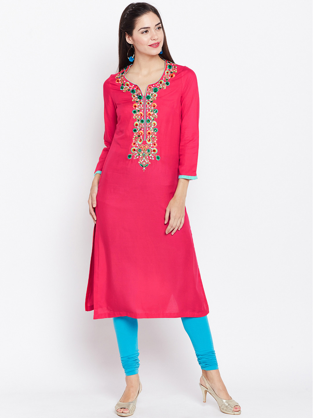 

Biba Women Pink Embroidered Straight Kurta