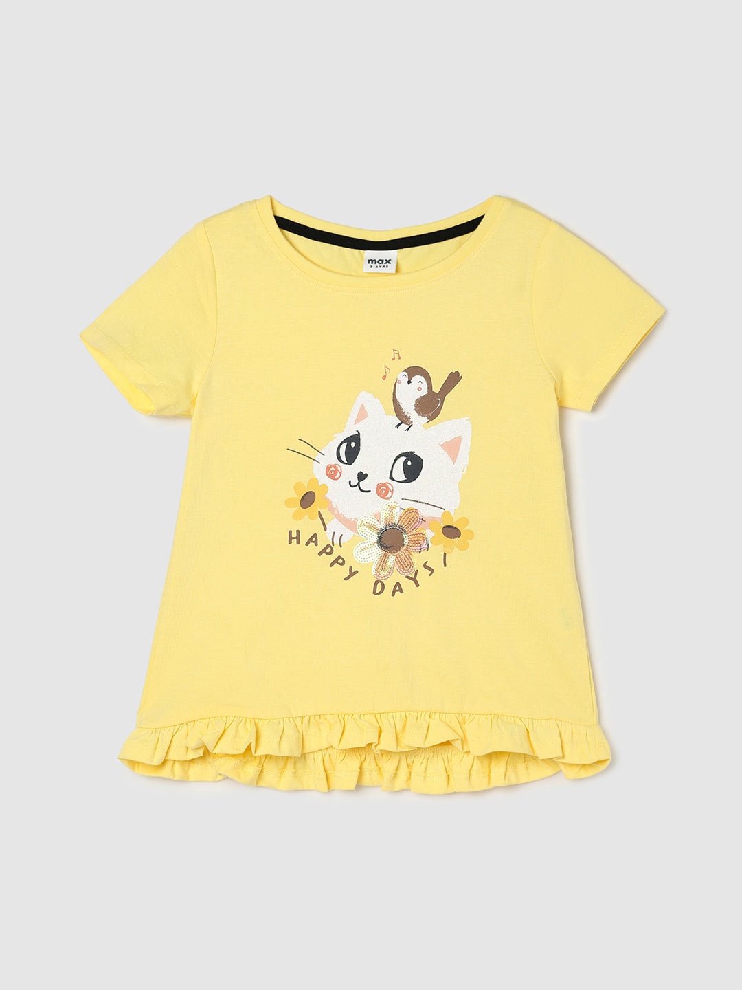 

max Graphic Print Ruffles Pure Cotton Top, Yellow