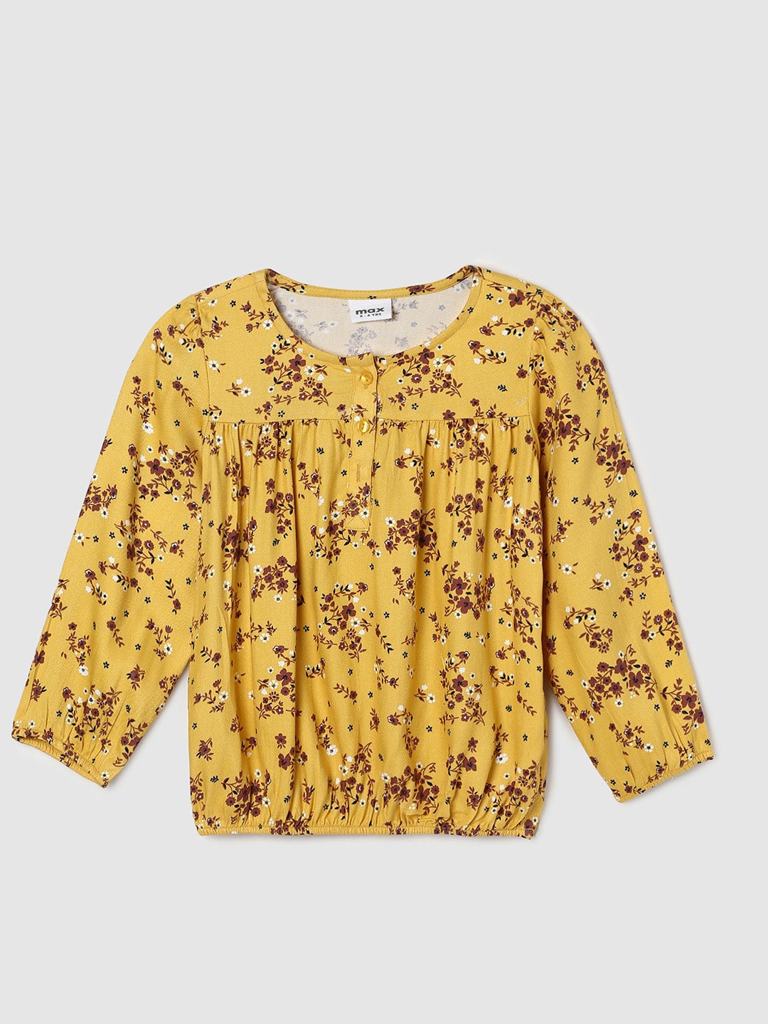 

max Floral Printed Gathered Detailed Top, Mustard