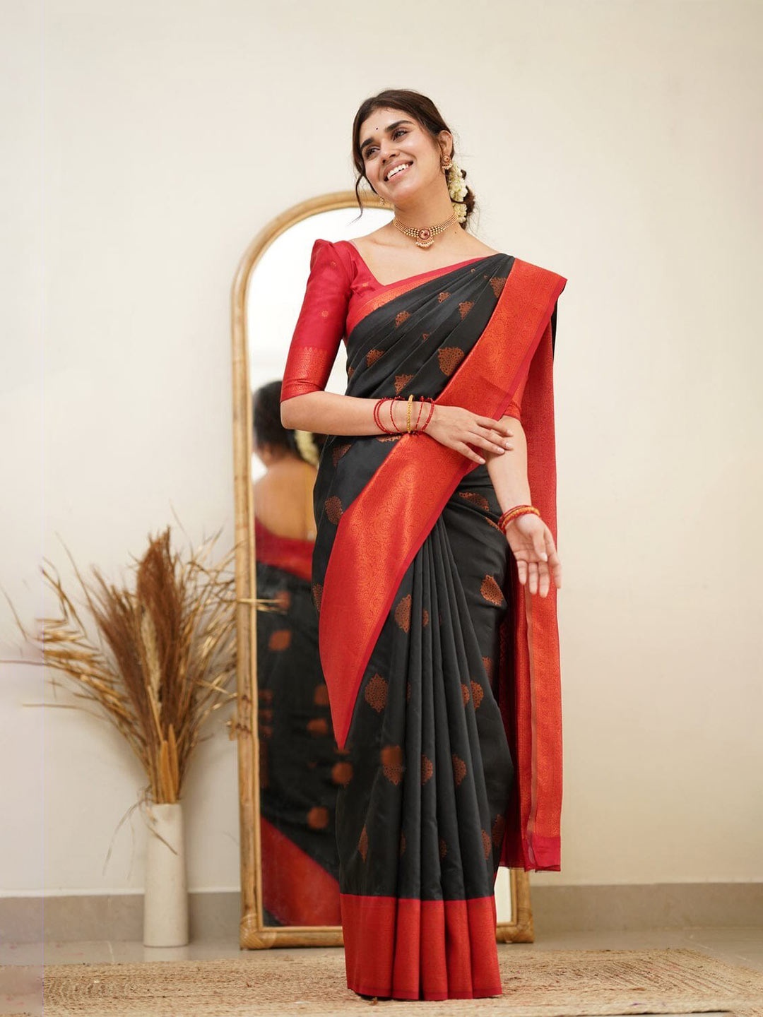 

Anjaneya Sarees Ethnic Motifs Woven Design Zari Saree, Black