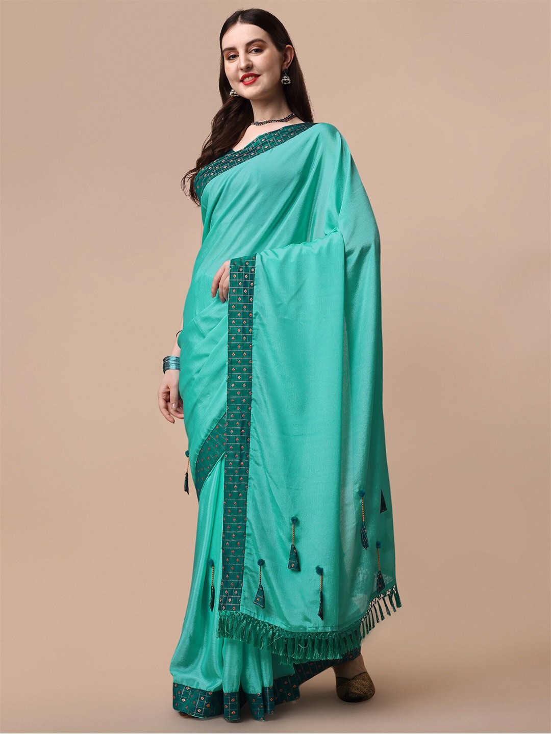 

AVANTIKA FASHION Banarasi Printed Border with Tassel Saree, Turquoise blue
