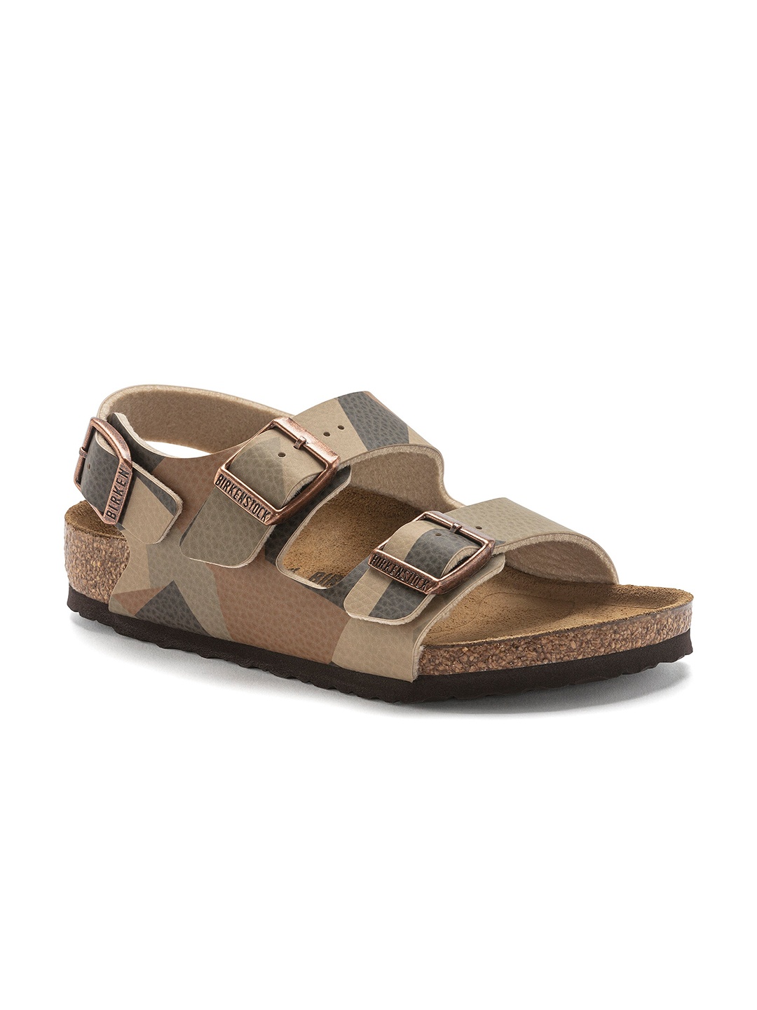 

Birkenstock Milano Desert Soil Geo Camo Core Narrow Width Birko-Flor With An Ankle Strap, Brown