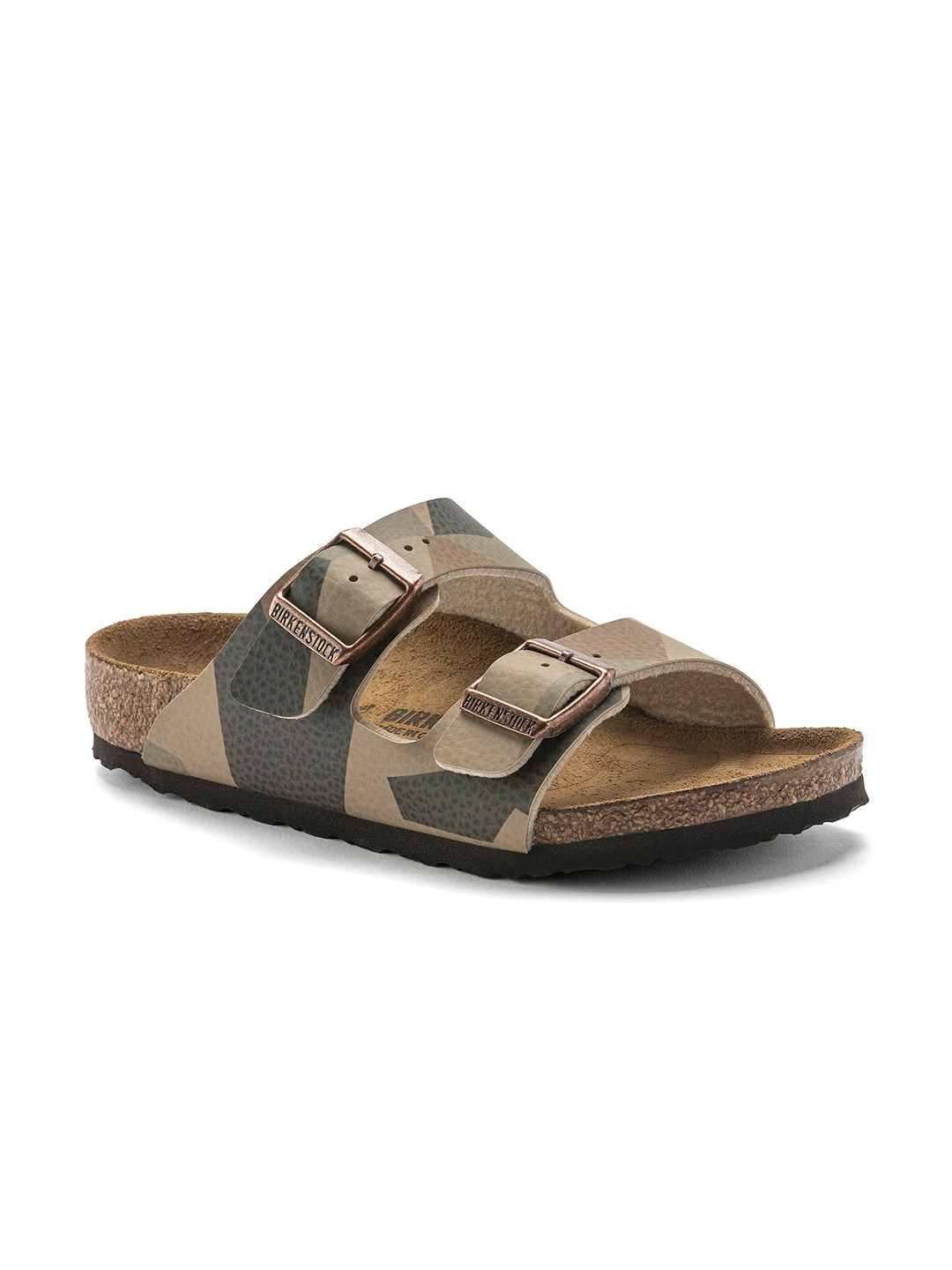 

Birkenstock Arizona Desert Soil Geo Camo Core Narrow Width Birko-Flor Two-Strap Sandals, Brown
