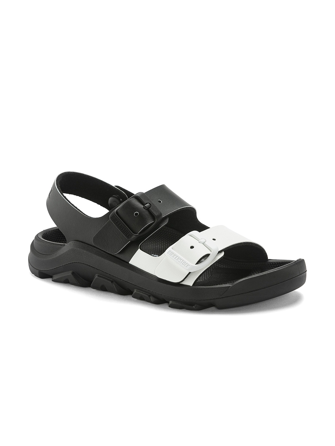 

Birkenstock Mogami Black/White Narrow Width Birko-Flor With An Ankle Strap