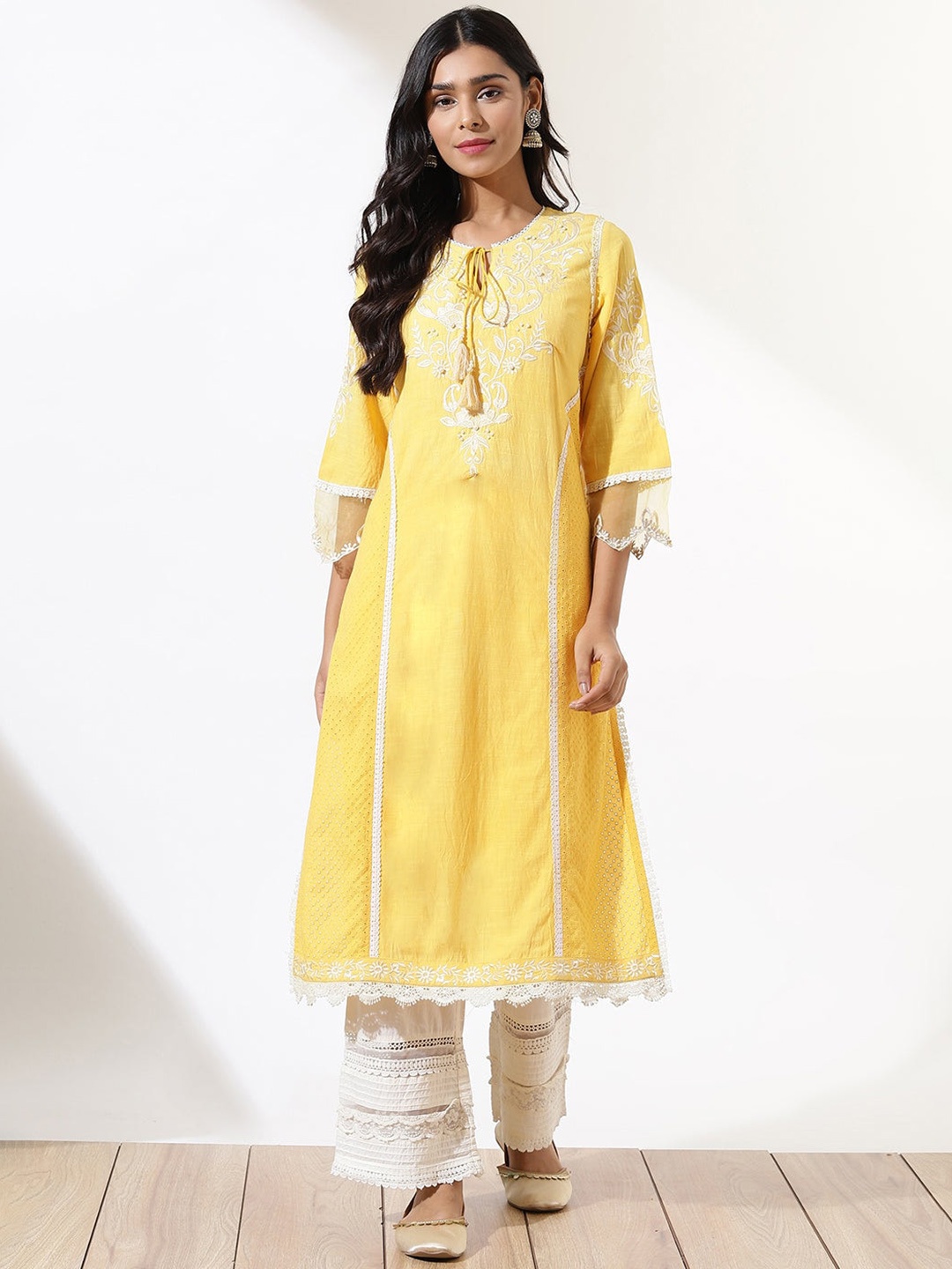 

Lakshita Women Plus Size Floral Embroidered Yoke Design Kurta, Yellow