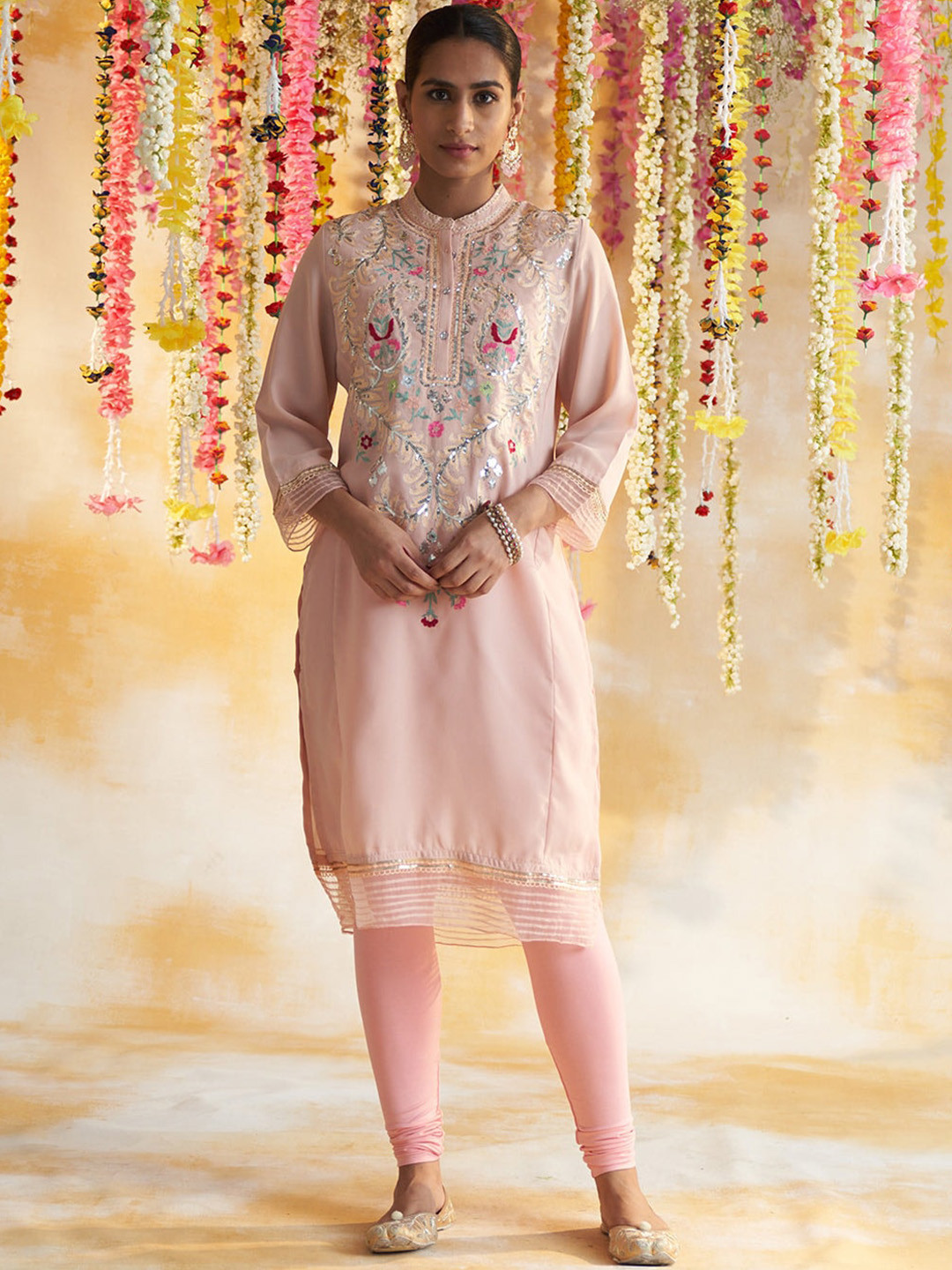 

Lakshita Women Plus Size Floral Yoke Design Sequinned Kurta, Peach