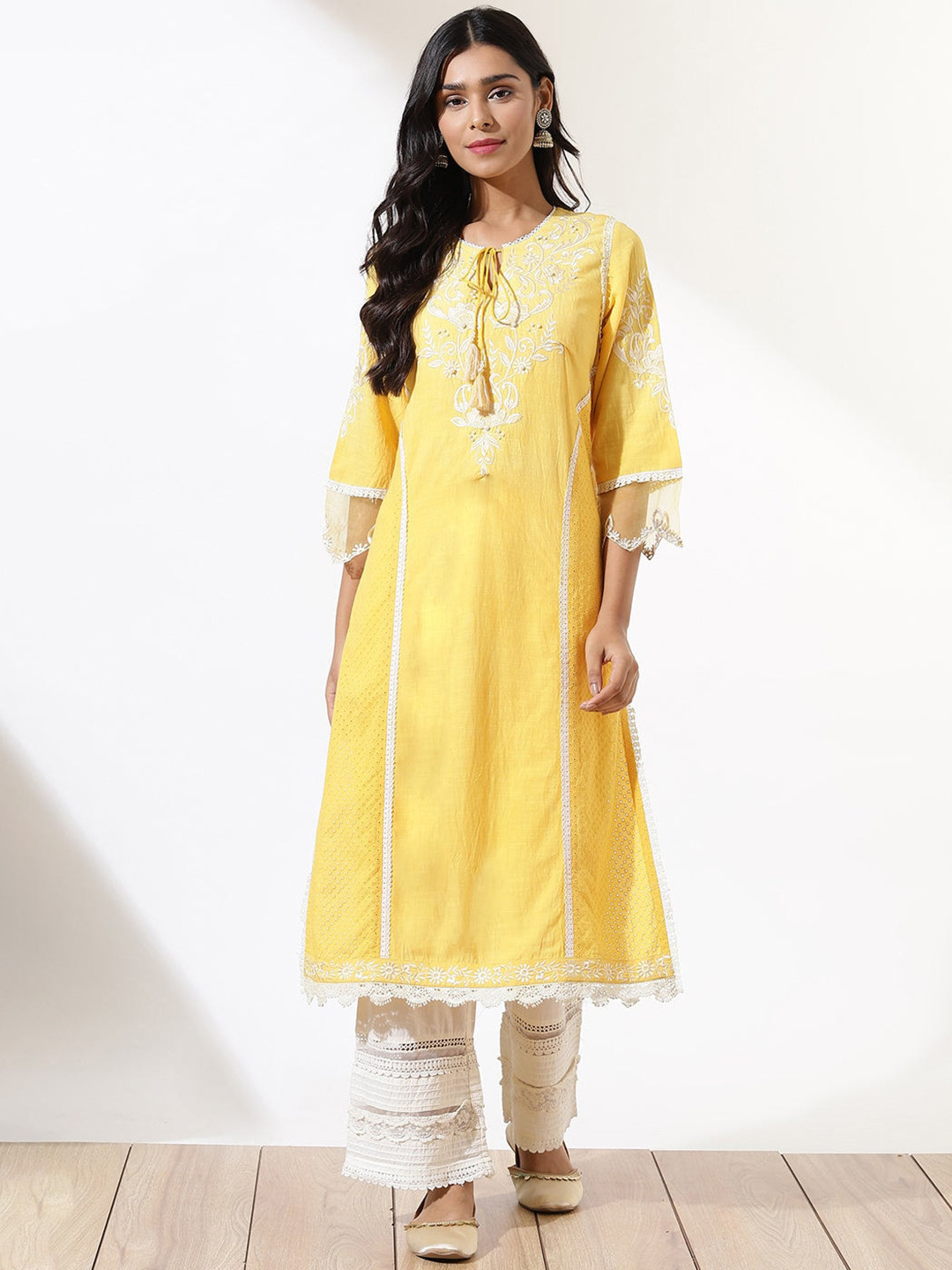 

Lakshita Women Floral Embroidery Tie-Up Neck Kurta, Yellow