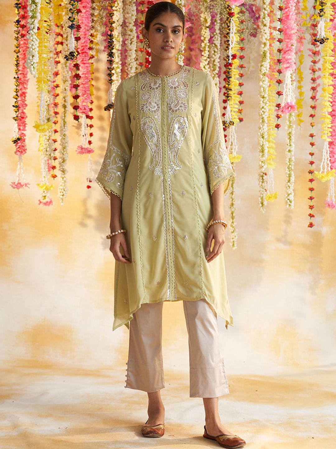

Lakshita Women Plus Size Ethnic Motifs Embroidered Sequinned Cotton Kurta, Green