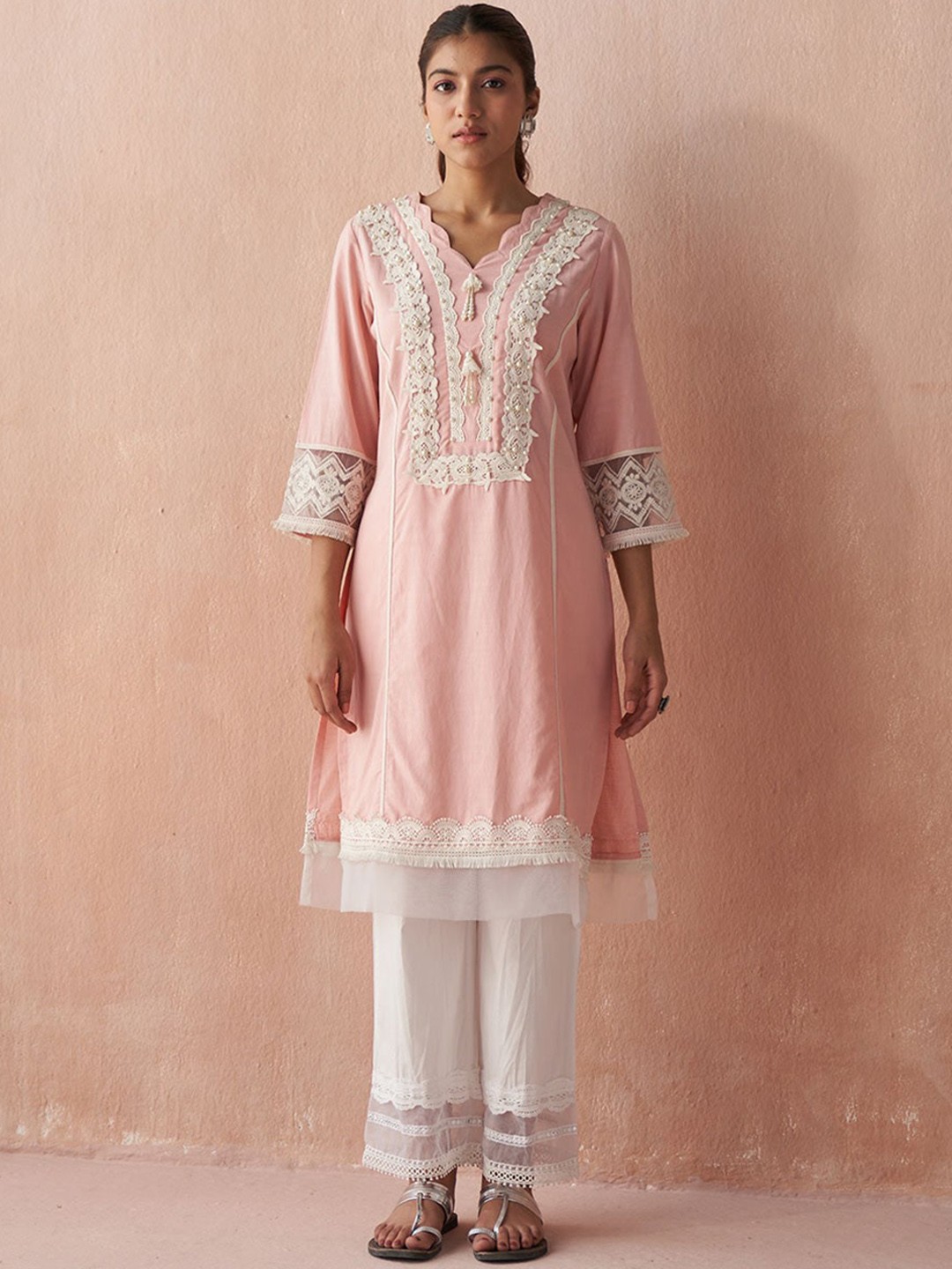 

Lakshita Women Embellished Beads & Stones With Inserted Lace Yoke Design Kurta, Pink
