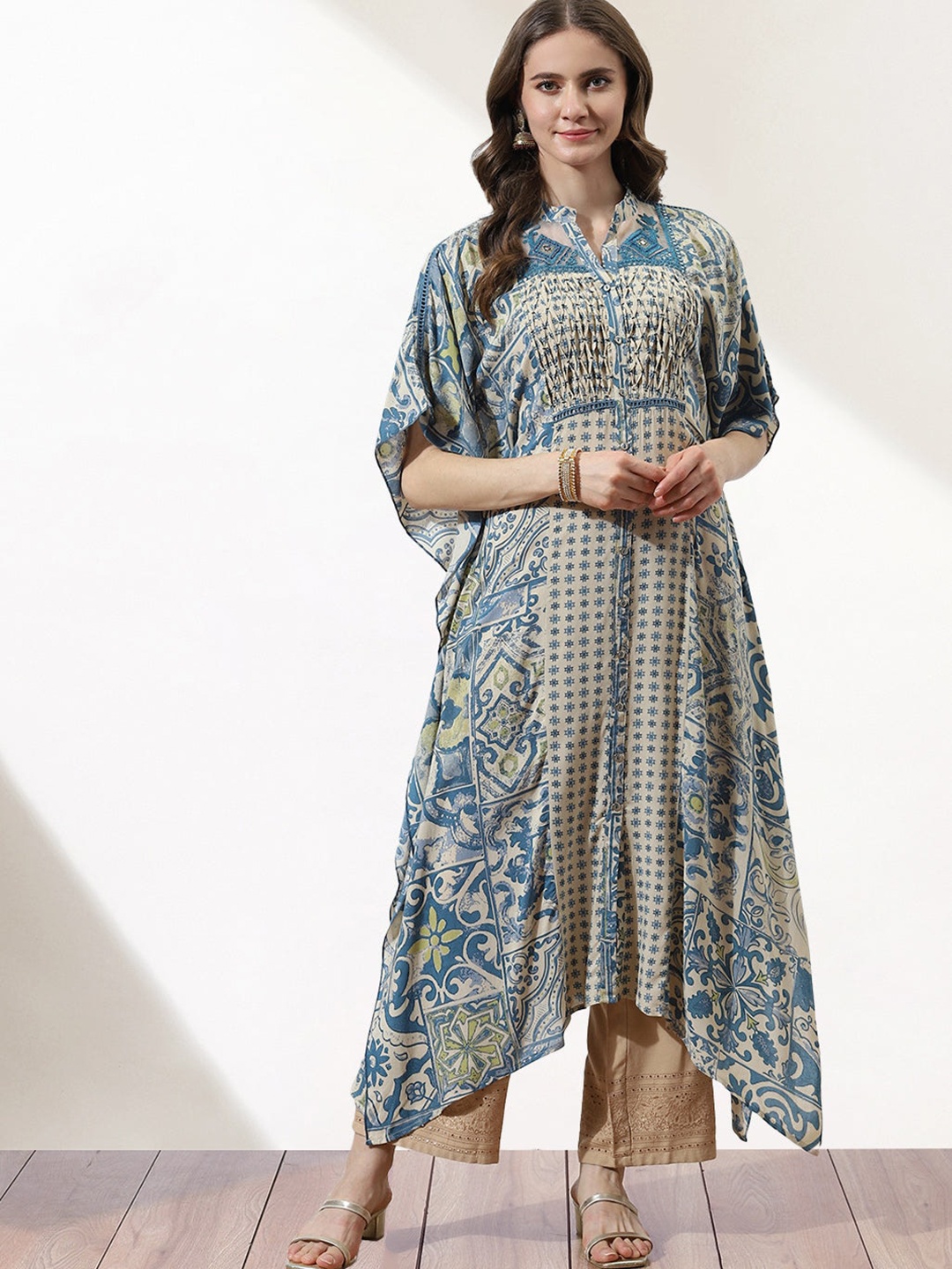 

Lakshita Women Plus Size Ethnic Motifs Printed Thread Work Kaftan Kurta, Blue