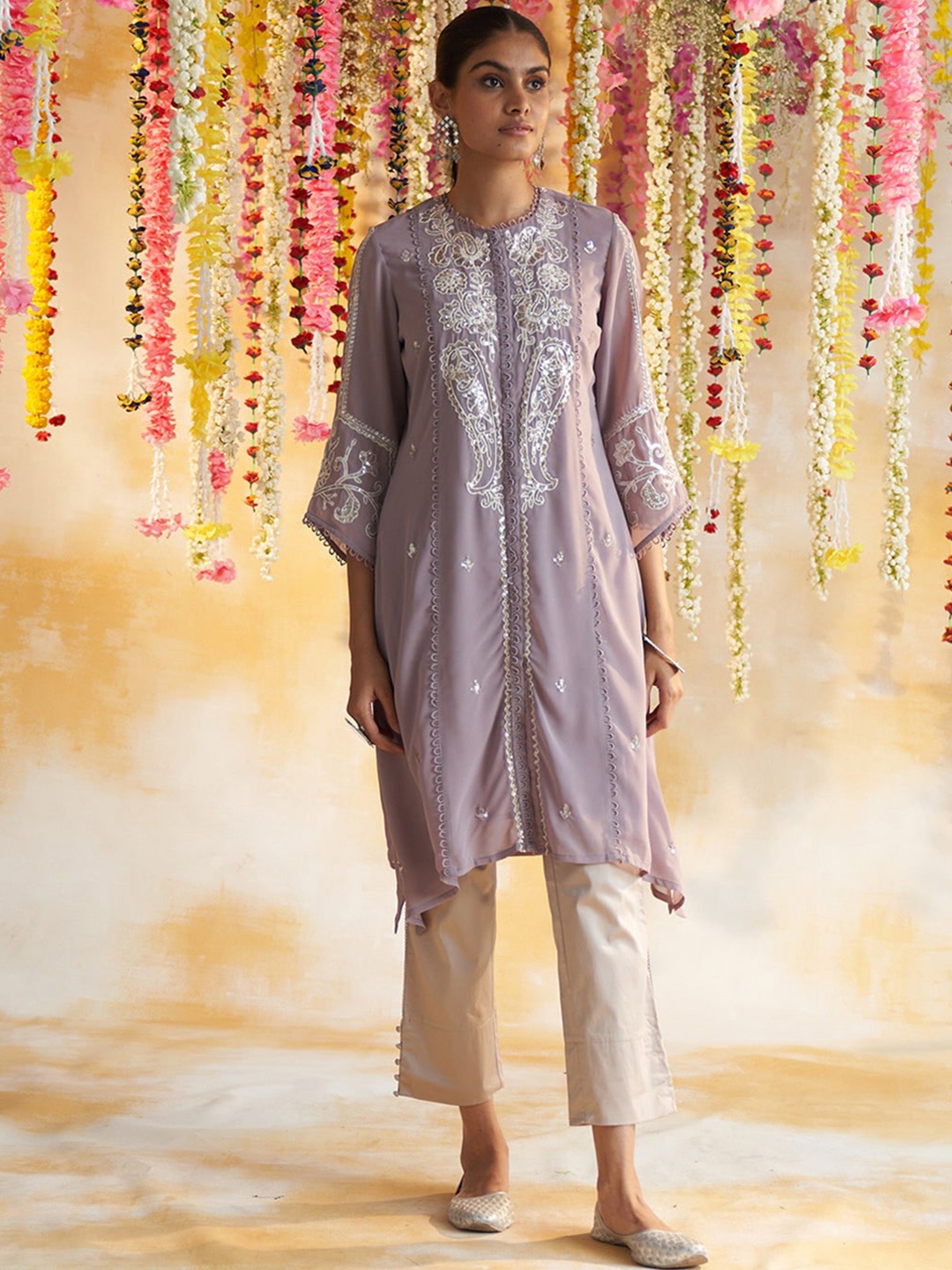

Lakshita Women Ethnic Motifs Embroidered Sequined High-Low Kurta, Lavender