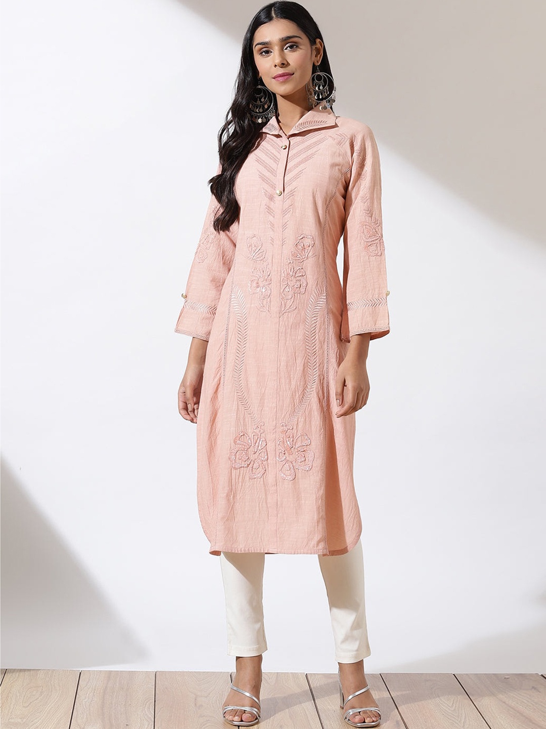 

Lakshita Women Embroidered Shirt Collar Thread Work Kurta, Pink