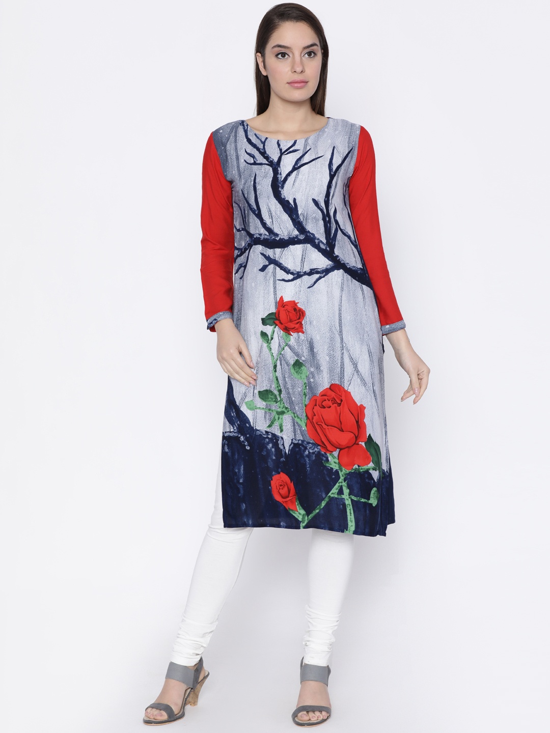 

Soch Women Grey & Blue Quirky Print A-Line Kurta