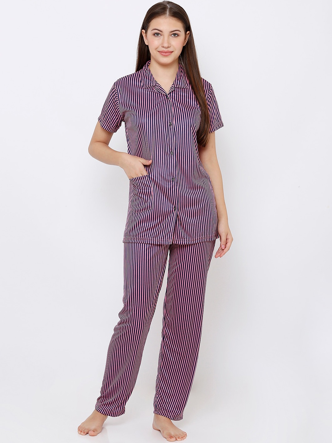 

Pretty Awesome Women Striped Night Suit, Pink