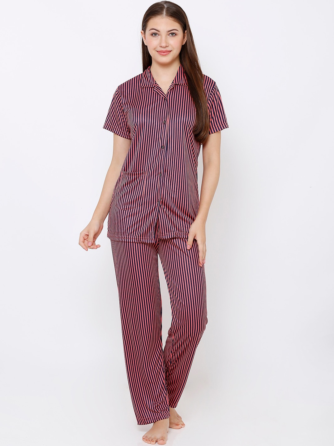 

Pretty Awesome Women Striped Night Suit, Peach