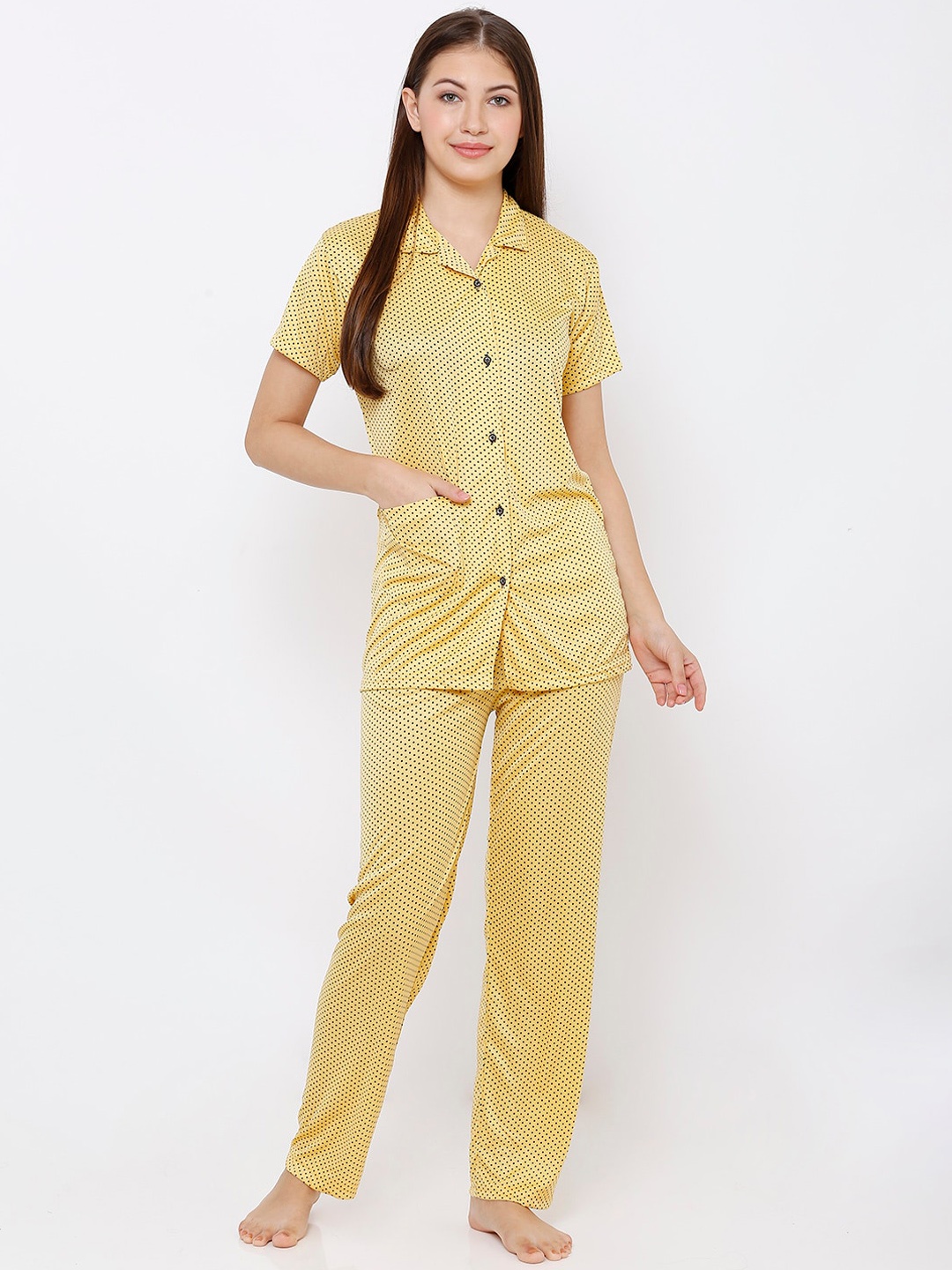 

Pretty Awesome Women Polka Dots Printed Night Suit, Yellow