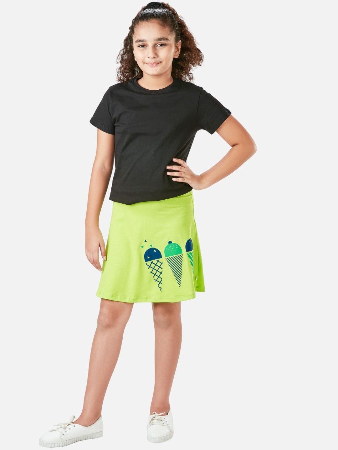 

You Got Plan B Girls Graphic Printed Pure Cotton Skater Skirt, Lime green