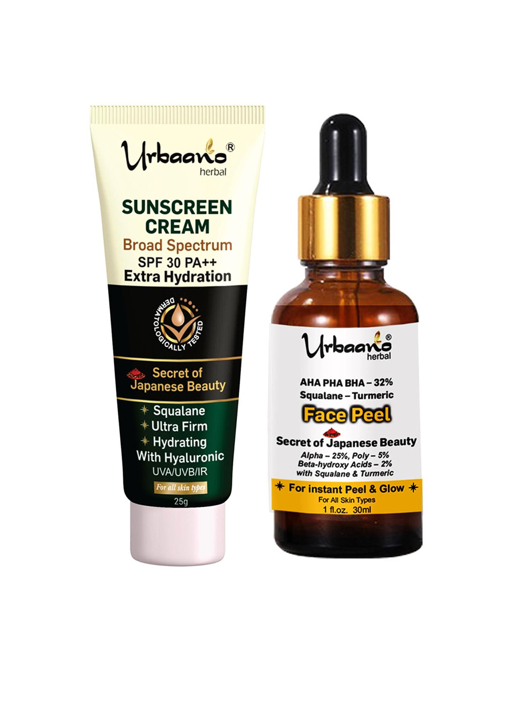 

Urbaano Herbal Secret Of Japanese Beauty Set of Turmeric Peeling Serum & Sunscreen Cream, White