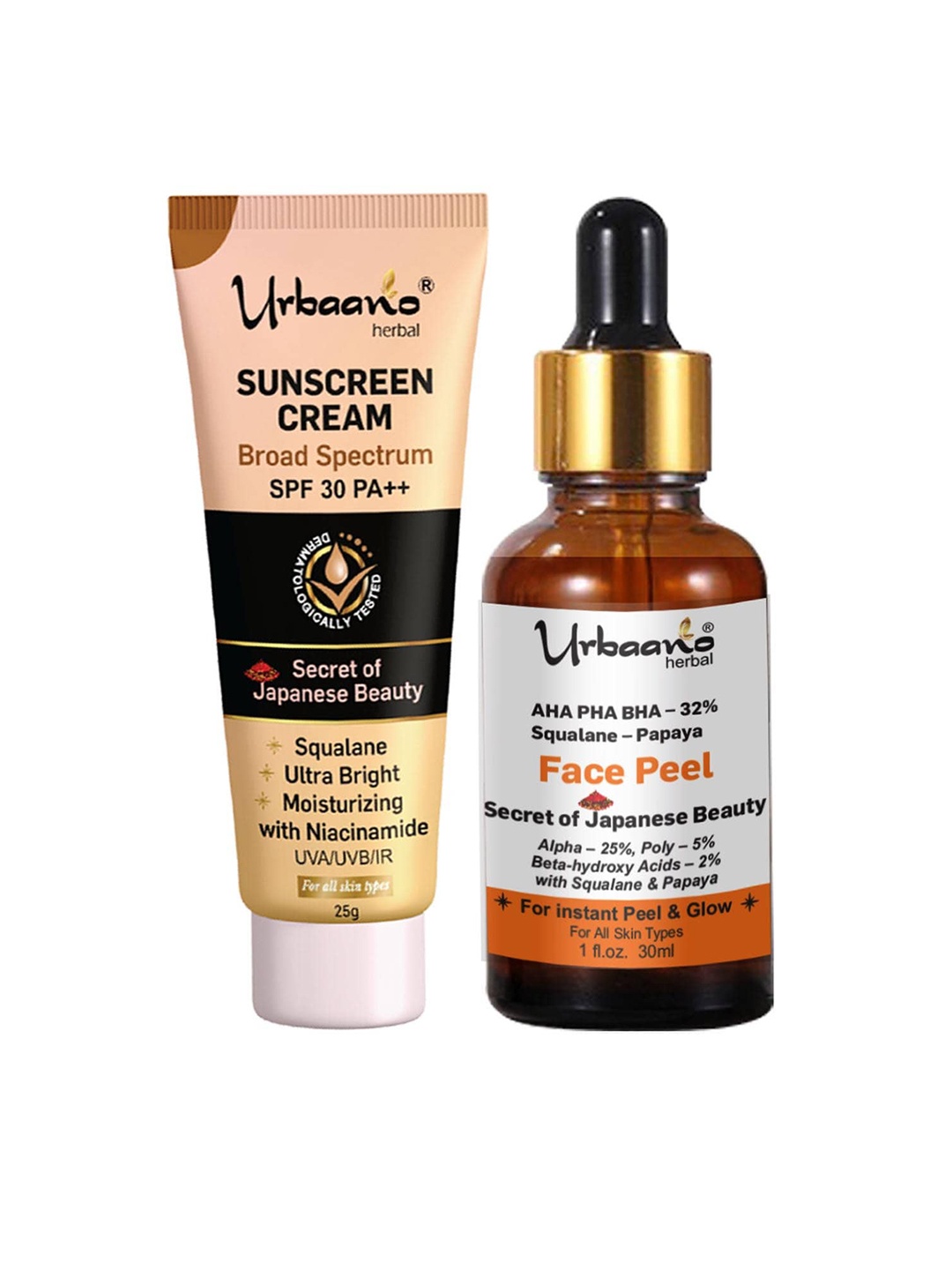 

Urbaano Herbal Secret Of Japanese Beauty Set of Papaya Peeling Serum & Sunscreen Cream, White