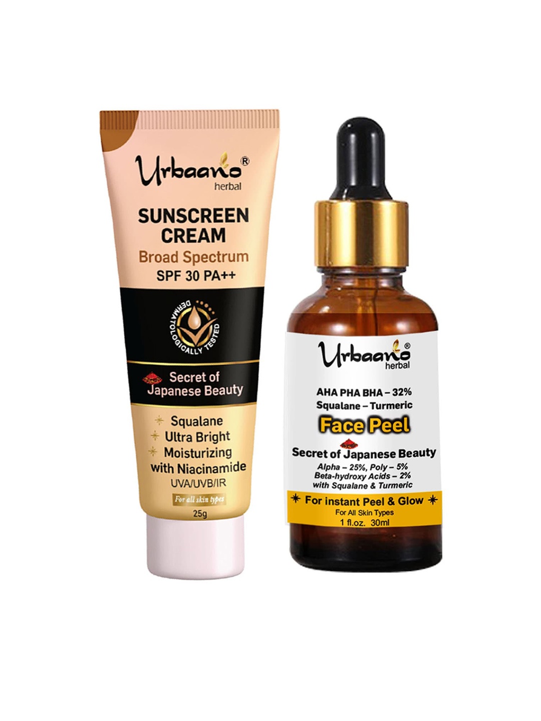 

Urbaano Herbal Secret Of Japanese Beauty 2 Pcs 32% Turmeric Peeling Serum & Sunscreen Cream SPF 30 PA++, White