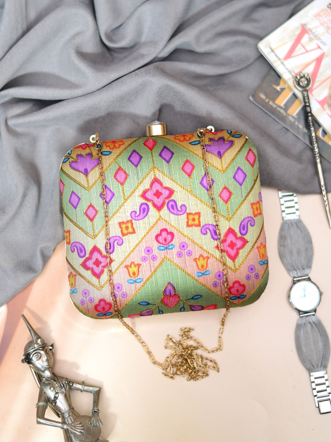 

ARTKLIM Embroidered Box Clutch, Green