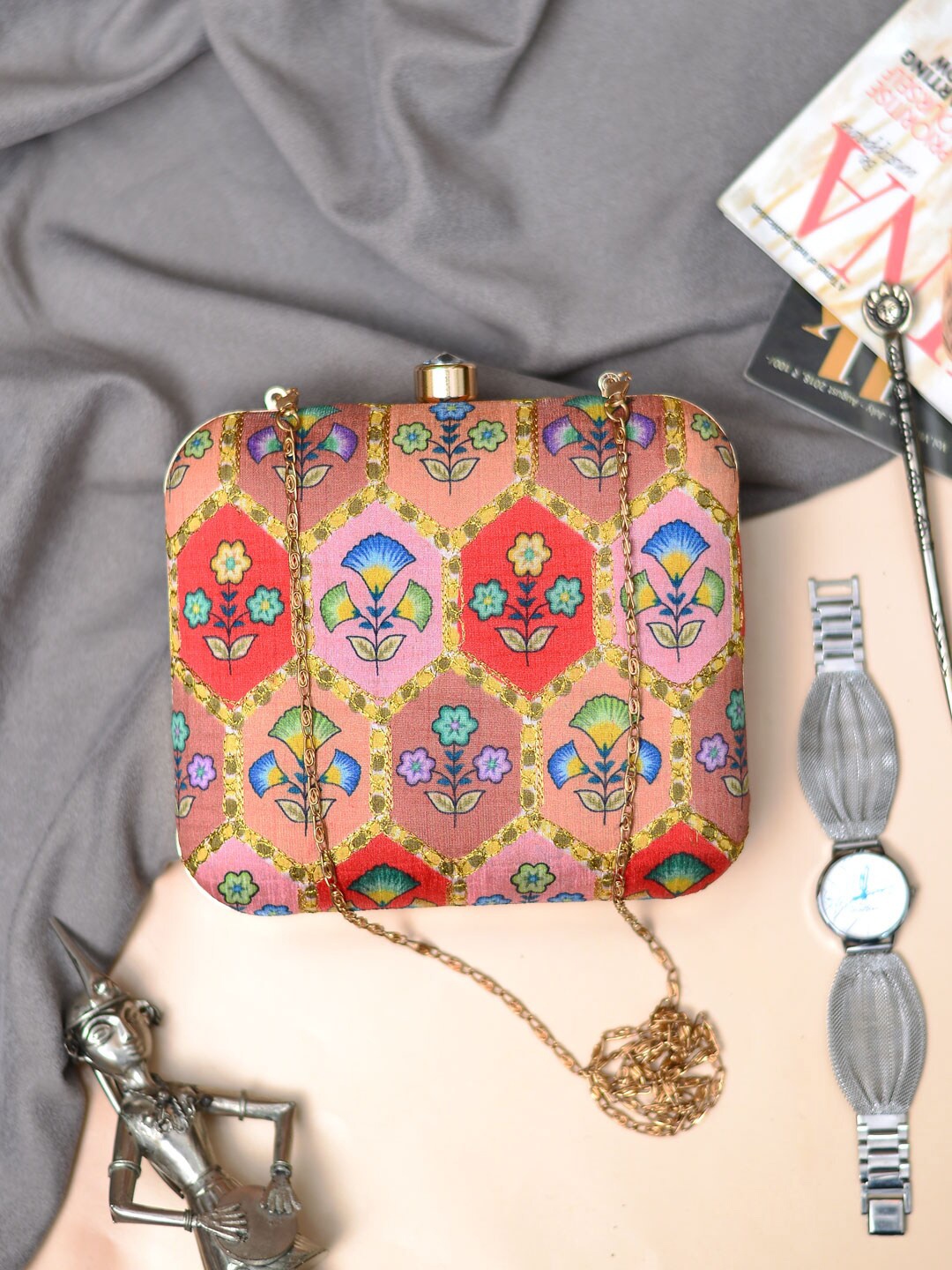 

ARTKLIM Embroidered Box Clutch, Peach