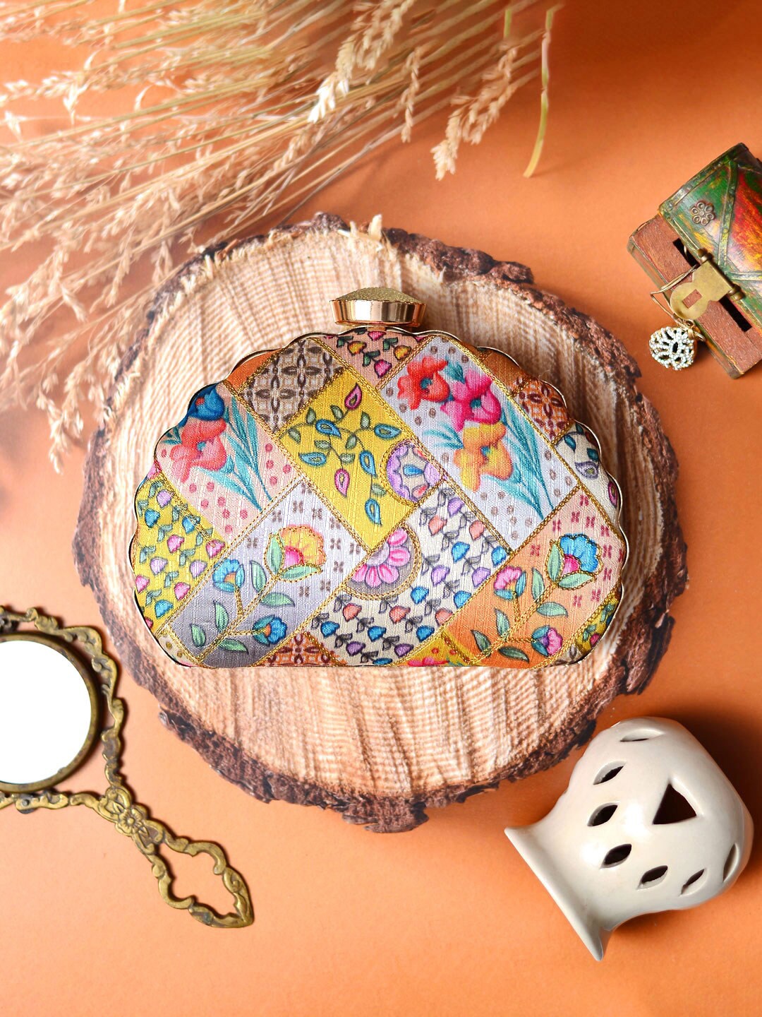 

ARTKLIM Embroidered Half Moon Clutch, Yellow